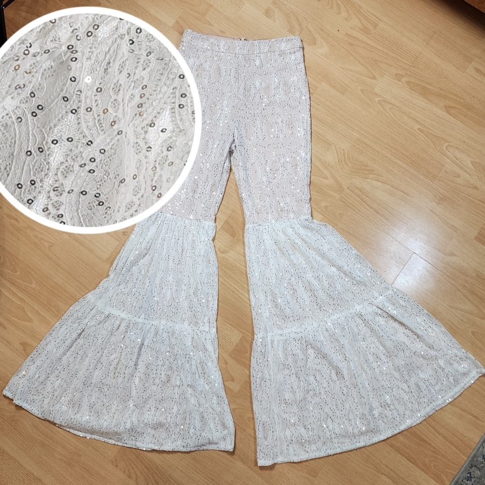 Blithe LA White Sequin Lace Flare Tiered Bell Pants Boho Festival Highrise Small